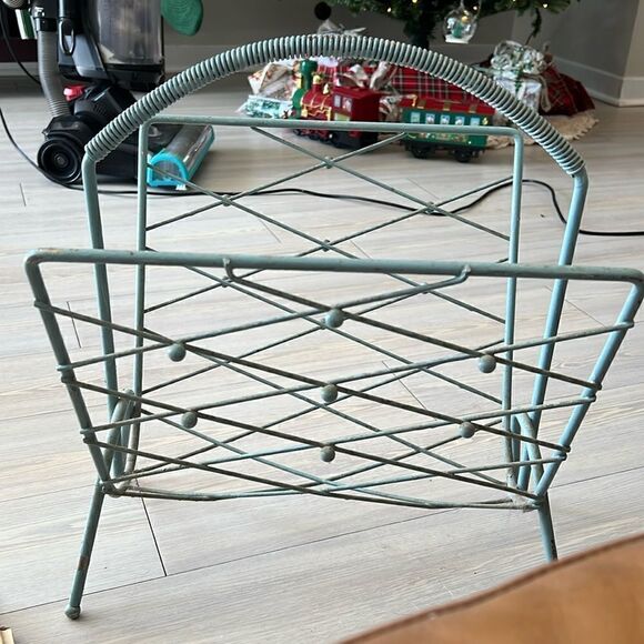 MCM 1950s French Vintage Magazine Record Rack blue green knobs iron RARE boho - Picture 1 of 8